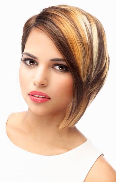 Chunky multi-colored hues with asymmetrical bob haircut.