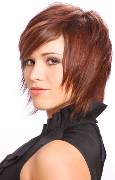 Deep auburn red hair color with fringe layer precision haircut.